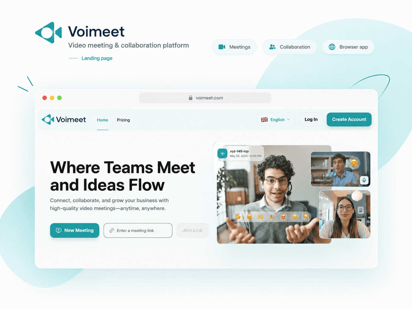 Voimeet website landing page preview with video meeting controls and collaboration artwork